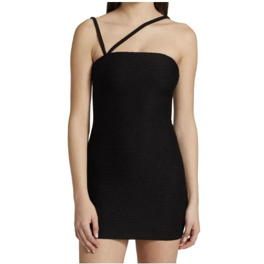 RUMER Penelope Rib Body-Con Minidress M Black Single Strap Dress Stretch EUC B29